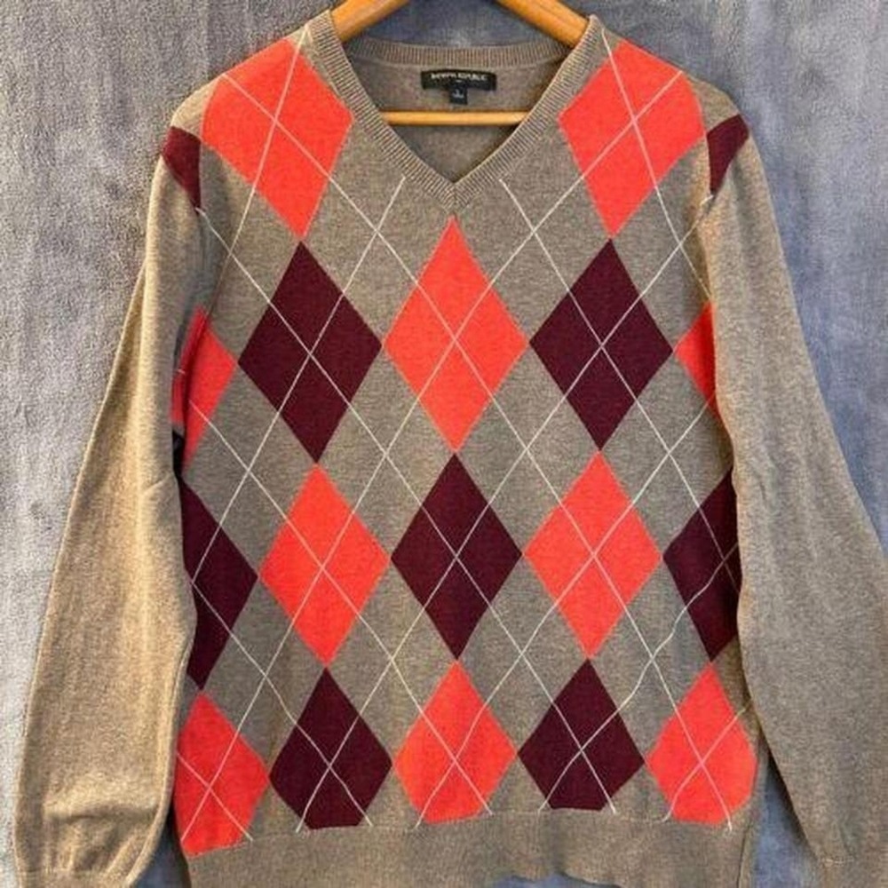 Banana Republic Mens‎ Large Argyle V-Neck Sweater Grey Orange Burgundy